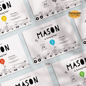 May include: A printable invitation for a 2nd birthday party with a construction theme. The invitation features a black and white illustration of construction vehicles and the text "HONK, BEEP, VROOM MASON is turning two!" with a yellow balloon.