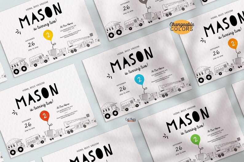 May include: A printable invitation for a 2nd birthday party with a construction theme. The invitation features a black and white illustration of construction vehicles and the text "HONK, BEEP, VROOM MASON is turning two!" with a yellow balloon.
