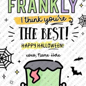 Op de afbeelding: Een Halloween-kaart met een groene Frankenstein-monsterillustratie. De kaart zegt "Eerlijk gezegd, ik vind je de beste! Gelukkig Halloween!" met een handtekeningregel die "xoxo, Name Here" zegt.