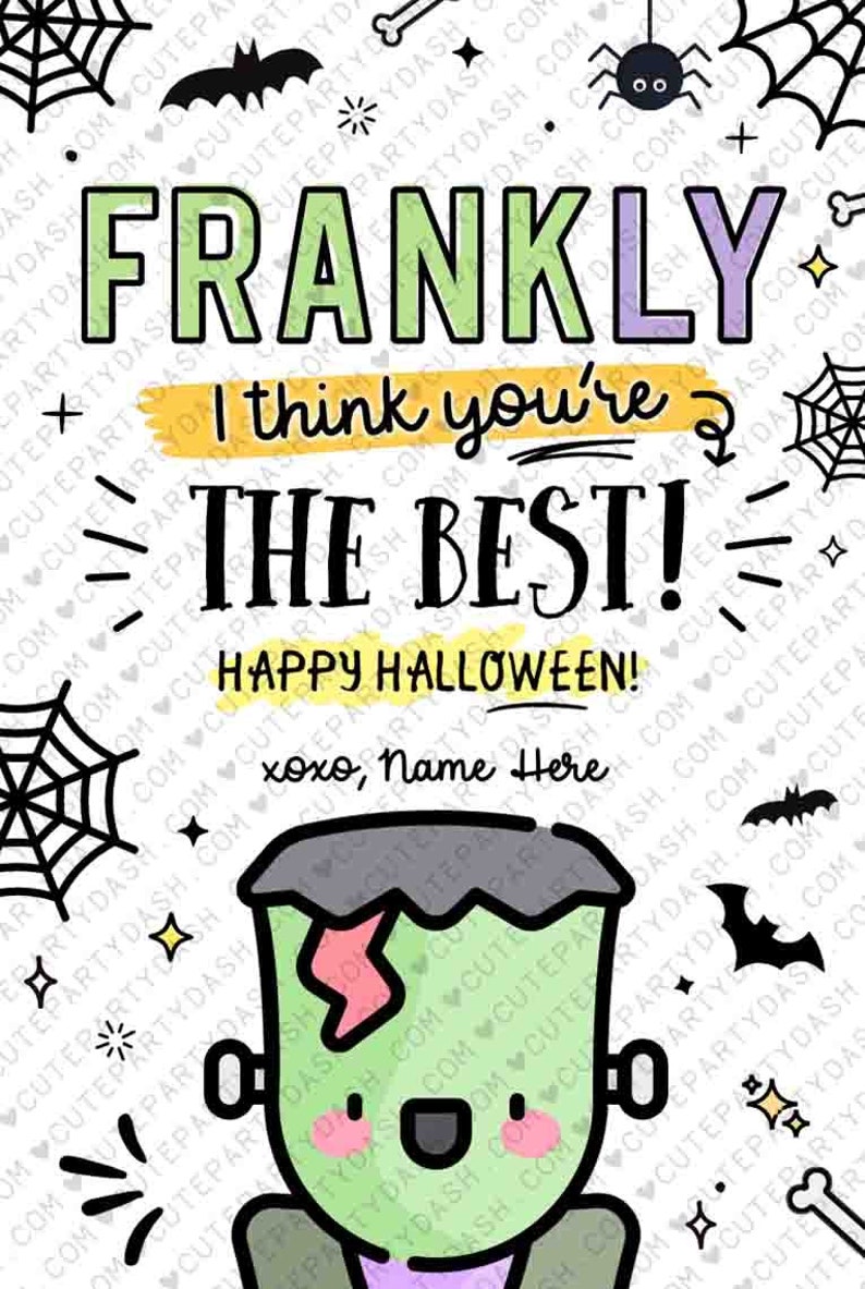 Op de afbeelding: Een Halloween-kaart met een groene Frankenstein-monsterillustratie. De kaart zegt "Eerlijk gezegd, ik vind je de beste! Gelukkig Halloween!" met een handtekeningregel die "xoxo, Name Here" zegt.