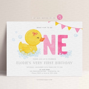 May include: A pink and yellow birthday invitation with a cartoon rubber ducky and the text "What fun to be one" and "Elodie's Very First Birthday". The invitation includes details for the party, including the date, time, and location.