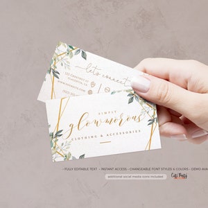 May include: A white business card with gold geometric shapes and green foliage. The text on the card reads "Simply Glowmorous Clothing & Accessories". The card also includes contact information and social media icons.
