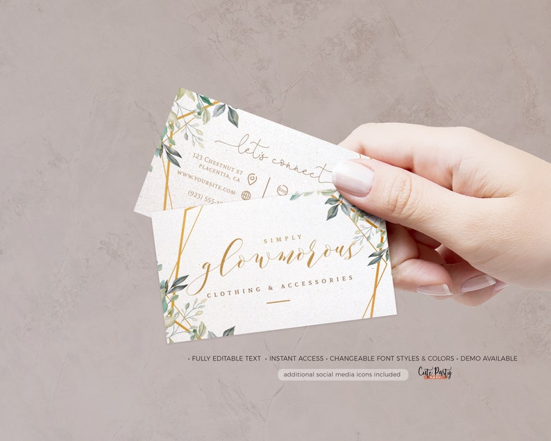 May include: A white business card with gold geometric shapes and green foliage. The text on the card reads "Simply Glowmorous Clothing & Accessories". The card also includes contact information and social media icons.