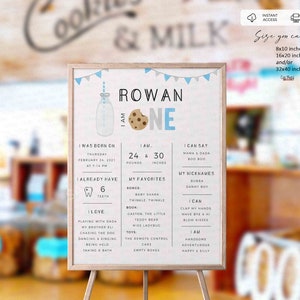 May include: A blue and gray printable first birthday sign for a boy named Rowan. The sign features a milk bottle with a cookie, a banner, and text that says "Rowan One". The sign also includes details about Rowan's birth, weight, height, and favorite things.