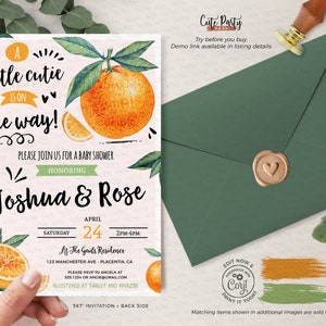 May include: Baby shower invitation with orange watercolor illustrations and the text "A little cutie is on the way!" The invitation is 5x7 inches and includes details for Joshua & Rose's baby shower, with a matching green envelope.