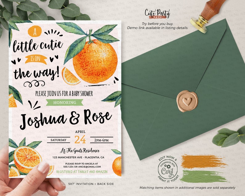 May include: Baby shower invitation with orange watercolor illustrations and the text "A little cutie is on the way!" The invitation is 5x7 inches and includes details for Joshua & Rose's baby shower, with a matching green envelope.