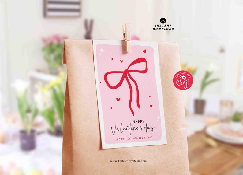 Red Coquette Bow Happy Valentine's Day Gift Tag Printable INSTANT DOWNLOAD Whimsical Teacher Valentines Gift Co worker Team EDITABLE Kids