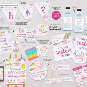 May include: Printable party decorations for a girl's birthday party with a pink cat and rainbow theme. The set includes a welcome sign, cupcake toppers, food cards, water bottle labels, party signs, and favor tags. The text on the signs says "Welcome to Madison's Meow-gical Day!" and "Happy Birthday Madison!"