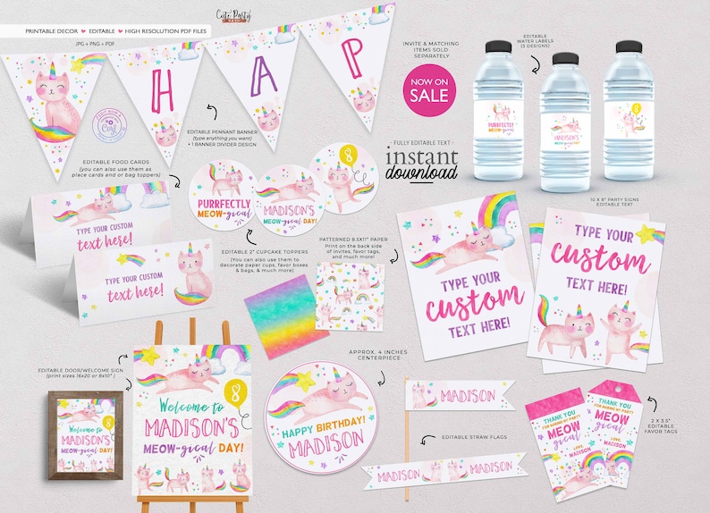 May include: Printable party decorations for a girl's birthday party with a pink cat and rainbow theme. The set includes a welcome sign, cupcake toppers, food cards, water bottle labels, party signs, and favor tags. The text on the signs says "Welcome to Madison's Meow-gical Day!" and "Happy Birthday Madison!"