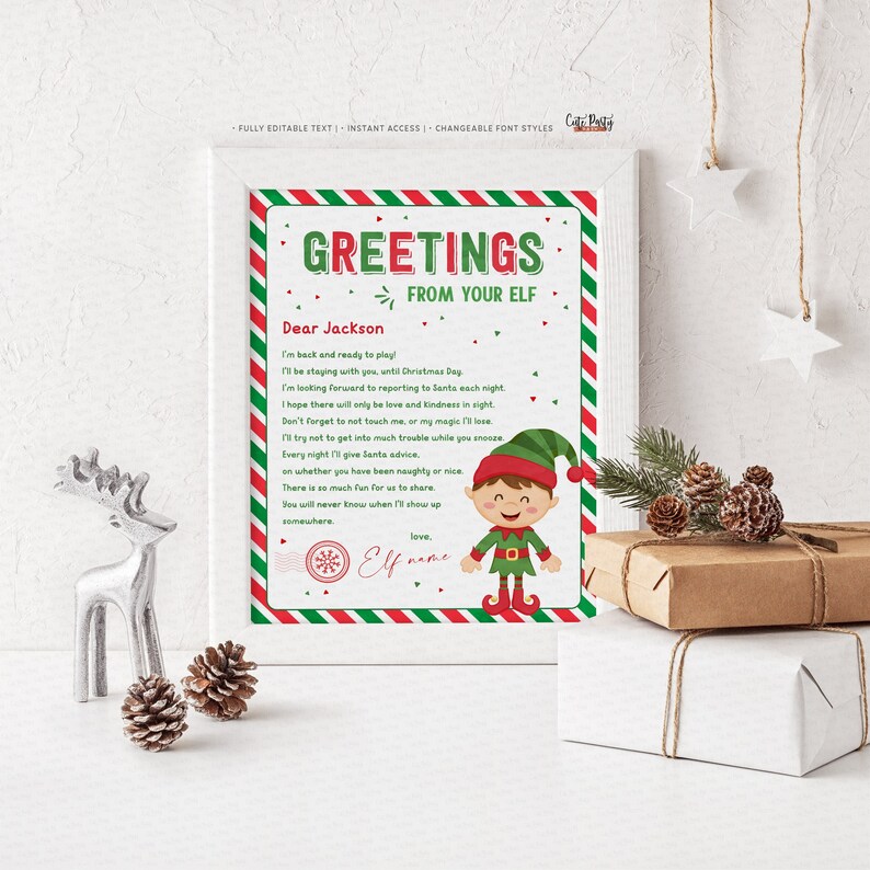May include: A printable Christmas elf letter template with a red and green striped border. The letter is addressed to Jackson and includes the text "Greetings from your elf". The letter is accompanied by a cartoon elf illustration.