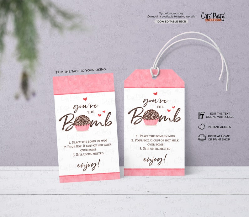 Valentine Hot Chocolate Bomb Gift Tag: Editable Template (Instant Download) image 1