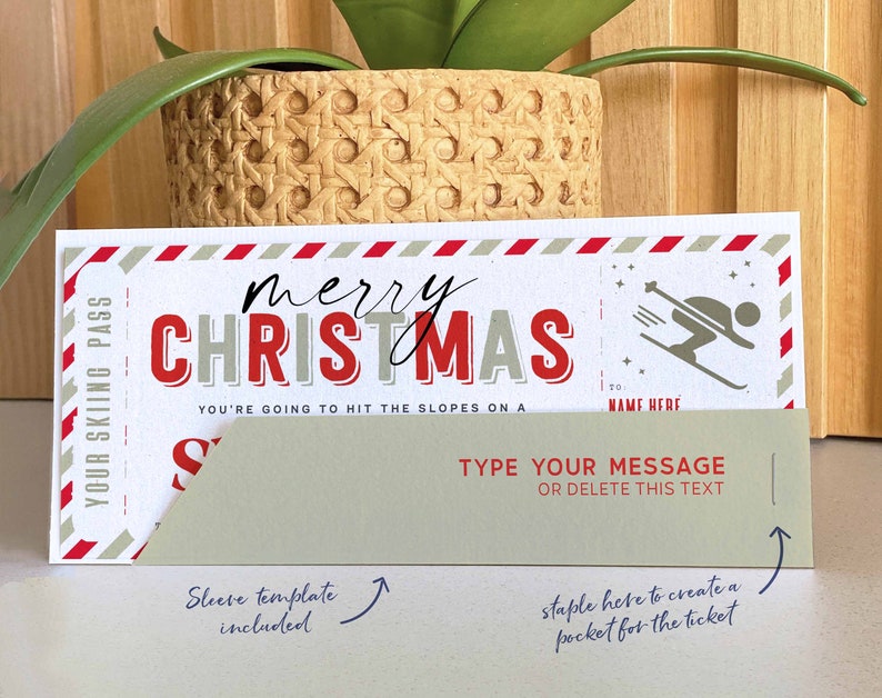 Christmas Surprise Ski Trip Ticket Template, Skiing Pass Gift Voucher