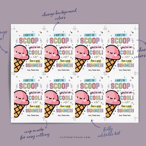 Ice Cream You're so Cool Tag Printable Here's the Scoop Editable Have a Great Summer End of School Year Tag INSTANT DOWNLOAD