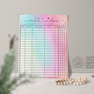 May include: A printable order tracker template with a rainbow watercolor background. The template includes columns for date, order ID, customer name, item, quantity, shipped, and completed.