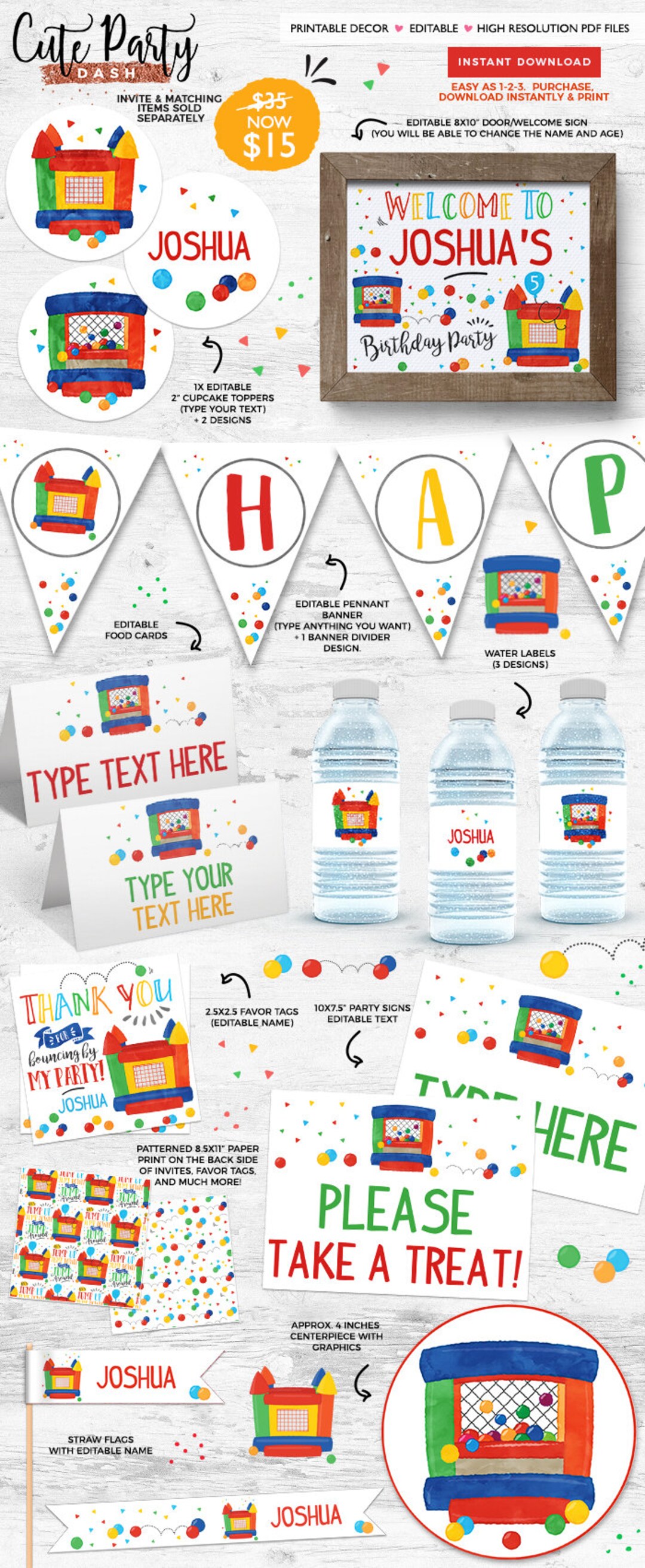 INSTANT DOWNLOAD - EDITABLE Bounce House Birthday Decorations Bounce ...
