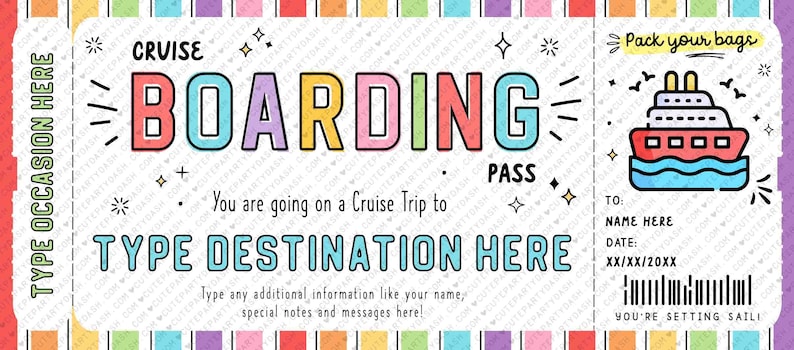 Cruise Boarding Pass Vacation Ticket Gift Voucher, Editable Gift Ticket Template, Surprise Cruise Trip gift ticket, INSTANT DOWNLOAD
