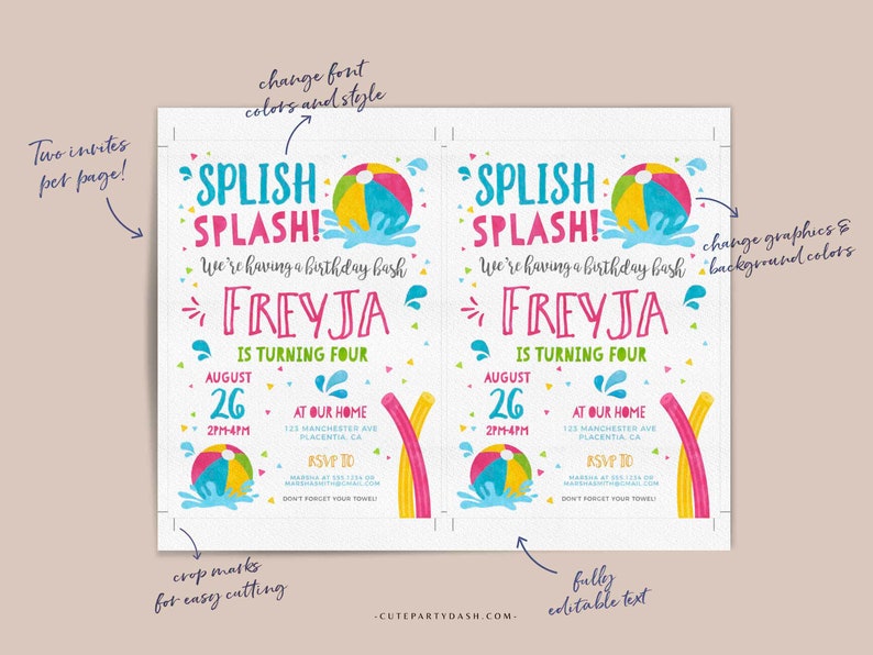 Editable Pool party invitation template Girl INSTANT DOWNLOAD Printable Pool Birthday Summer Theme digital invitation Beach Ball invite 427