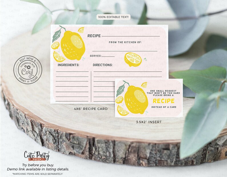 May include: A printable recipe card with a lemon theme. The card is pink with a white border and has a lemon illustration. The text on the card says "Recipe" and "One small request that won't be too hard, please bring a recipe instead of a card".