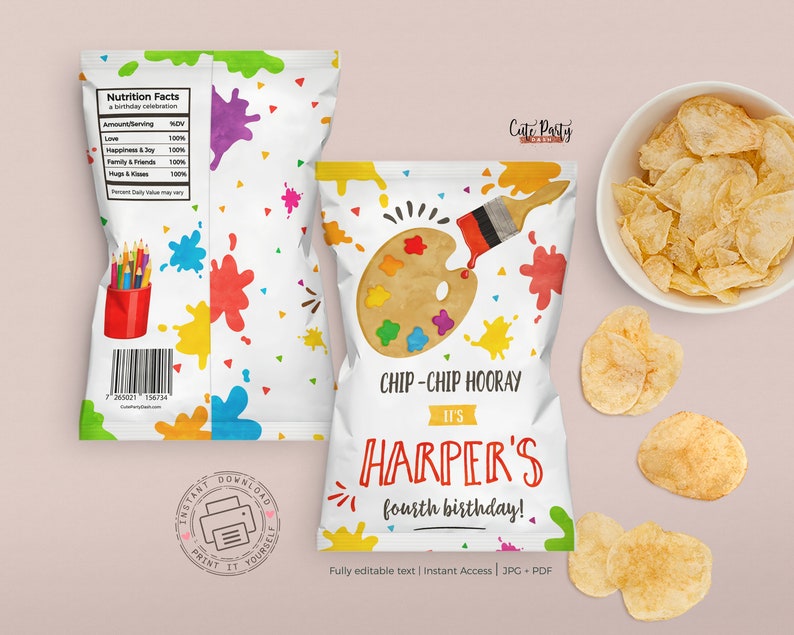 Editable Art party Birthday chip bag favors 
INSTANT DOWNLOAD