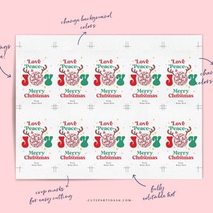 May include: Printable Christmas gift tags featuring a festive design with a disco ball, reindeer antlers, and the text "Love Peace & Joy" and "Merry Christmas".