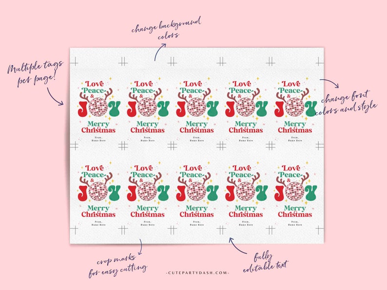May include: Printable Christmas gift tags featuring a festive design with a disco ball, reindeer antlers, and the text "Love Peace & Joy" and "Merry Christmas".
