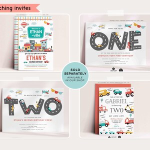 May include: Four printable birthday invitations featuring a road and vehicle theme. The invitations are for a first and second birthday. The invitations are in white with colorful illustrations of vehicles and roads. The text on the invitations reads "What fun to be one", "Joshua's very first birthday", "So much fun to be two", and "Ethan's second birthday crew".