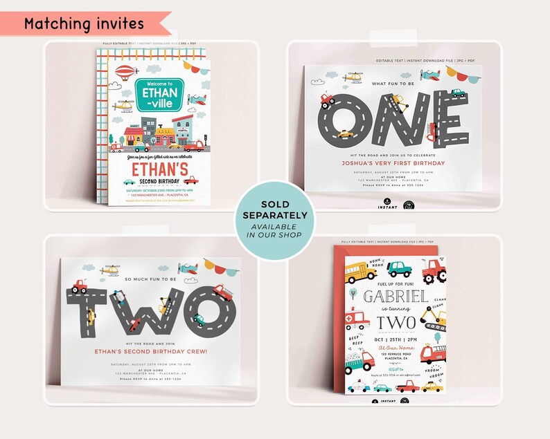 May include: Four printable birthday invitations featuring a road and vehicle theme. The invitations are for a first and second birthday. The invitations are in white with colorful illustrations of vehicles and roads. The text on the invitations reads "What fun to be one", "Joshua's very first birthday", "So much fun to be two", and "Ethan's second birthday crew".