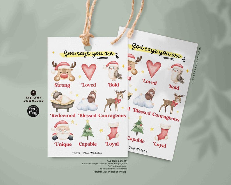 God Says You Are Religious Christmas Gift Tag Printable INSTANT DOWNLOAD Christian Affirmations Happy Holidays Sunday School Gift Tags Kids