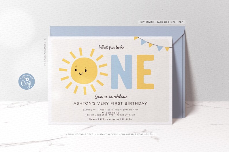 Little Sunshine Boy Birthday Party INVITATION, INSTANT DOWNLOAD 446