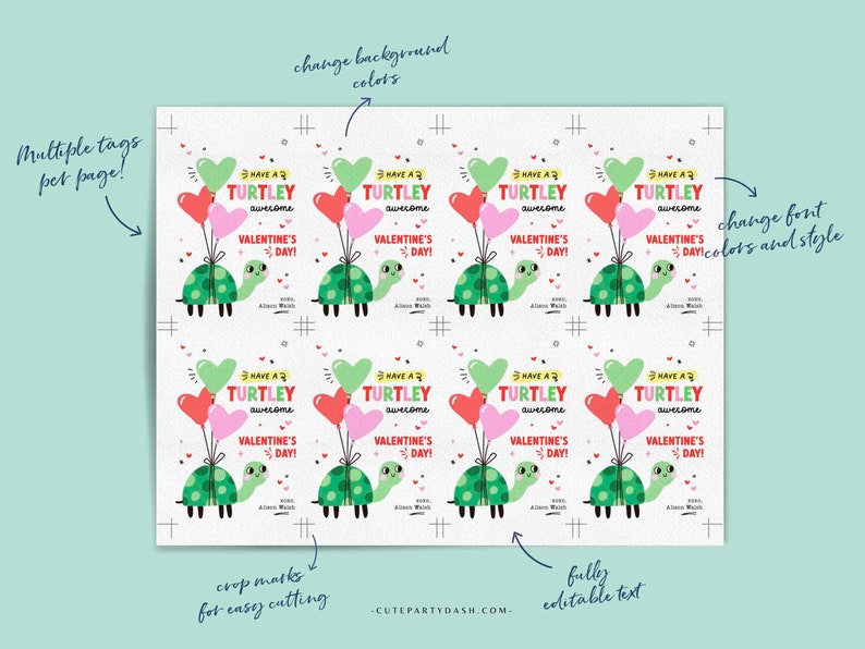 Valentine's Day Kids Classroom Punny Tags Printable INSTANT DOWNLOAD Happy Valentine's Day Pun Card EDITABLE Turtle Non-Candy School Teacher