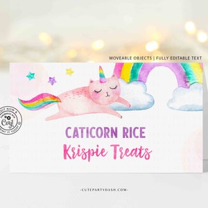 Puede incluir: Etiqueta de favor de fiesta imprimible con un caticorn rosa con cola y cuerno de arco&iacute;ris, durmiendo en una nube bajo un arco&iacute;ris. El texto dice "CATICORN RICE Krispie Treats" y "CUTEPARTYDASH.COM".