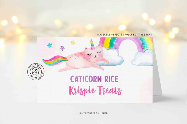 Puede incluir: Etiqueta de favor de fiesta imprimible con un caticorn rosa con cola y cuerno de arco&iacute;ris, durmiendo en una nube bajo un arco&iacute;ris. El texto dice "CATICORN RICE Krispie Treats" y "CUTEPARTYDASH.COM".