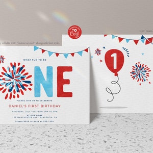 Puede incluir: Una invitaci&oacute;n imprimible para una fiesta de primer cumplea&ntilde;os con un esquema de color rojo, blanco y azul. La invitaci&oacute;n presenta un gran n&uacute;mero "UNO" con fuegos artificiales y un globo. El texto dice "&iexcl;Qu&eacute; divertido es tener un a&ntilde;o!" y "Por favor, &uacute;nase a nosotros para celebrar el primer cumplea&ntilde;os de Daniel."