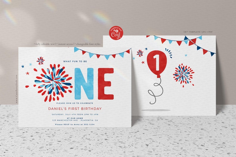 Puede incluir: Una invitaci&oacute;n imprimible para una fiesta de primer cumplea&ntilde;os con un esquema de color rojo, blanco y azul. La invitaci&oacute;n presenta un gran n&uacute;mero "UNO" con fuegos artificiales y un globo. El texto dice "&iexcl;Qu&eacute; divertido es tener un a&ntilde;o!" y "Por favor, &uacute;nase a nosotros para celebrar el primer cumplea&ntilde;os de Daniel."