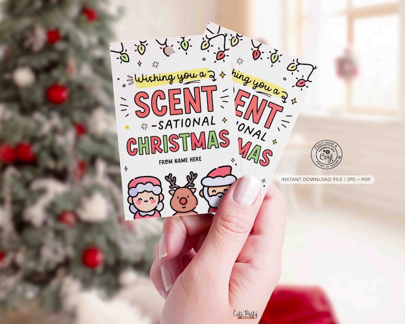 May include: Two printable gift tags with a Christmas theme. The tags feature a cartoon Santa, reindeer, and a girl. The text on the tags reads "Wishing you a Scent-sational Christmas" and "Wishing you a Scent-sational Christmas".