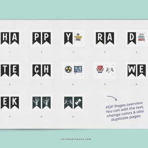 K&ouml;nnte beinhalten: Ein druckbares Banner mit schwarzen und wei&szlig;en Wimpeln mit den W&ouml;rtern "Happy", "Tech", "Rad", "We", "Ek" und "You" sowie verschiedenen Illustrationen. Der Text "PDF Pages overview You can edit the text, change colors & also duplicate pages" ist ebenfalls enthalten.