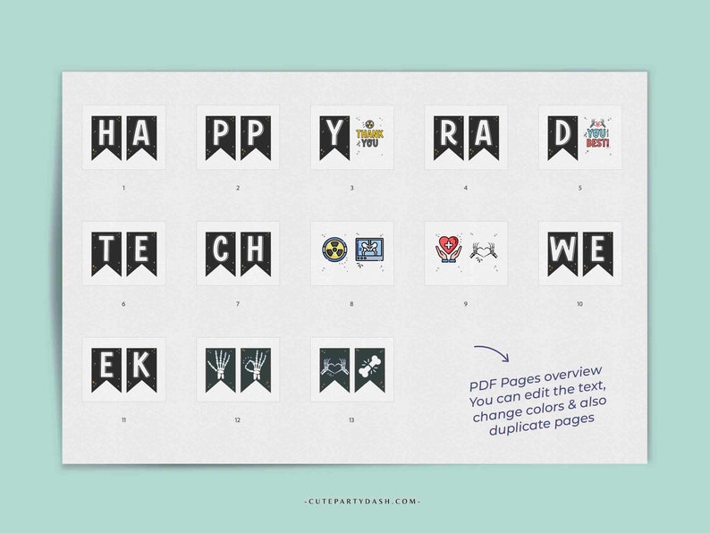 K&ouml;nnte beinhalten: Ein druckbares Banner mit schwarzen und wei&szlig;en Wimpeln mit den W&ouml;rtern "Happy", "Tech", "Rad", "We", "Ek" und "You" sowie verschiedenen Illustrationen. Der Text "PDF Pages overview You can edit the text, change colors & also duplicate pages" ist ebenfalls enthalten.
