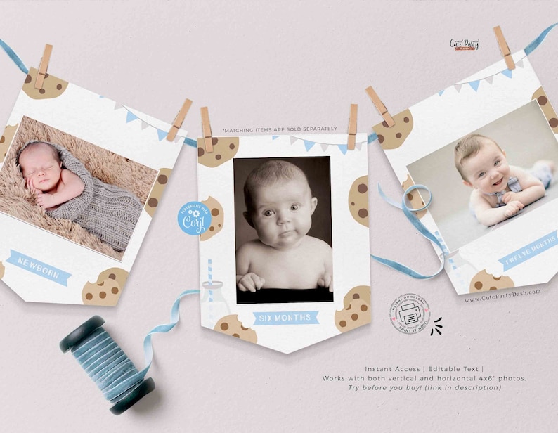 May include: A printable baby milestone banner with a cookie theme. The banner features a blue and white color scheme with images of cookies and a baby in different stages of growth. The text on the banner reads "Newborn", "Six Months", and "Twelve Months".