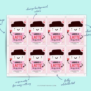 Thanks a Latte for All you do Valentine's day Gift Tag Printable INSTANT DOWNLOAD Gift for Teacher Staff Valentine thank you Coffee tag