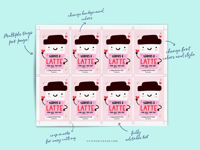 Thanks a Latte for All you do Valentine's day Gift Tag Printable INSTANT DOWNLOAD Gift for Teacher Staff Valentine thank you Coffee tag
