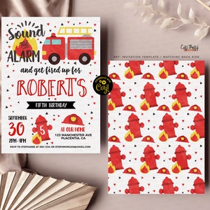 May include: A set of two invitation templates with a fire truck theme. The front invitation features text that says "Sound the Alarm" and "Robert's Fifth Birthday". The back side has a pattern of fire hydrants and firefighter helmets.
