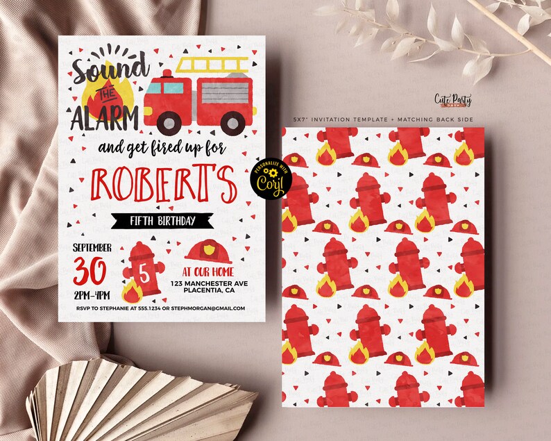 May include: A set of two invitation templates with a fire truck theme. The front invitation features text that says "Sound the Alarm" and "Robert's Fifth Birthday". The back side has a pattern of fire hydrants and firefighter helmets.