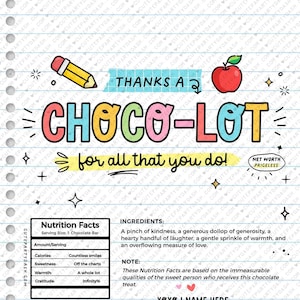 Thanks a Choco-lot for all you do Chocolate Bar Wrapper INSTANT DOWNLOAD Teacher Appreciation Week Gift Idea Coach Staff Printable Candy Bar