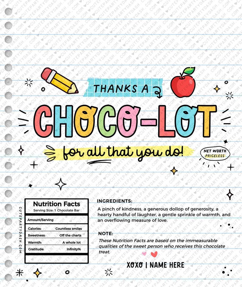 Thanks a Choco-lot for all you do Chocolate Bar Wrapper INSTANT DOWNLOAD Teacher Appreciation Week Gift Idea Coach Staff Printable Candy Bar
