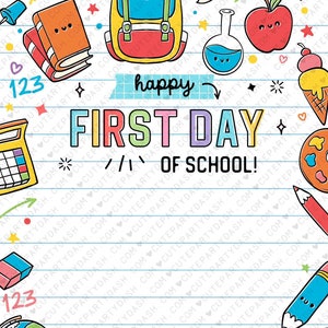 以下が含まれることがあります： 学校が始まることをテーマにしたカラフルな印刷可能なカードで、「楽しい初日」というメッセージが書かれています。カードには、バックパック、本、鉛筆、地球儀、リンゴ、絵の具パレット、電卓、ビーカー、アイスクリームコーンなど、さまざまな学用品が描かれています。カードは、ハート、星、点線の模様で飾られています。