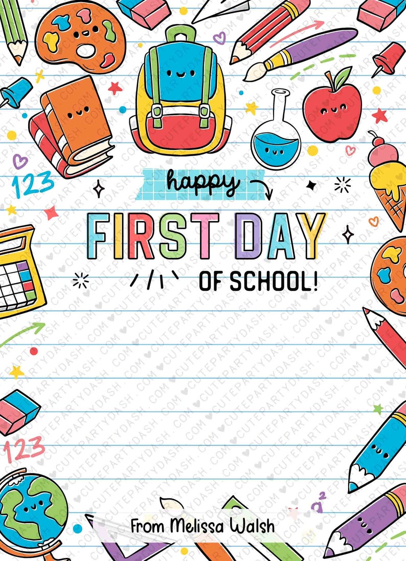 以下が含まれることがあります： 学校が始まることをテーマにしたカラフルな印刷可能なカードで、「楽しい初日」というメッセージが書かれています。カードには、バックパック、本、鉛筆、地球儀、リンゴ、絵の具パレット、電卓、ビーカー、アイスクリームコーンなど、さまざまな学用品が描かれています。カードは、ハート、星、点線の模様で飾られています。