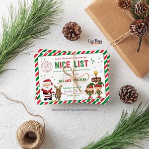 May include: Printable Santa's Nice List certificate with a red and green striped border. The certificate features a cartoon Santa Claus, a penguin, a reindeer, and two elves. The text reads "Santa's Official North Pole Certificate Nice List I made my list, checked it twice and decided that [Child's Name] was nice this year. Personally certified by Santa Claus December 2021".