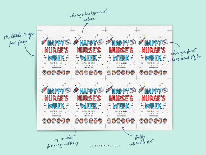 May include: Printable digital download of eight Happy Nurse's Week tags with a colorful cartoon design. Each tag features a syringe, a nurse's hat, and the text "Happy Nurse's Week" with the dates "May 6-12, 2023". The tags are surrounded by a white grid pattern.