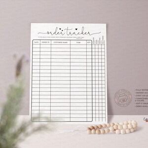 May include: Printable order tracker with columns for date, order ID, customer name, item, quantity, wanted, shipped, and delivered. The tracker has a black and white design with a handwritten font.