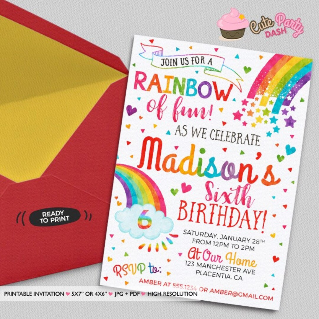 Colorful Rainbow Birthday Party Invitations DIY Rainbow Printable